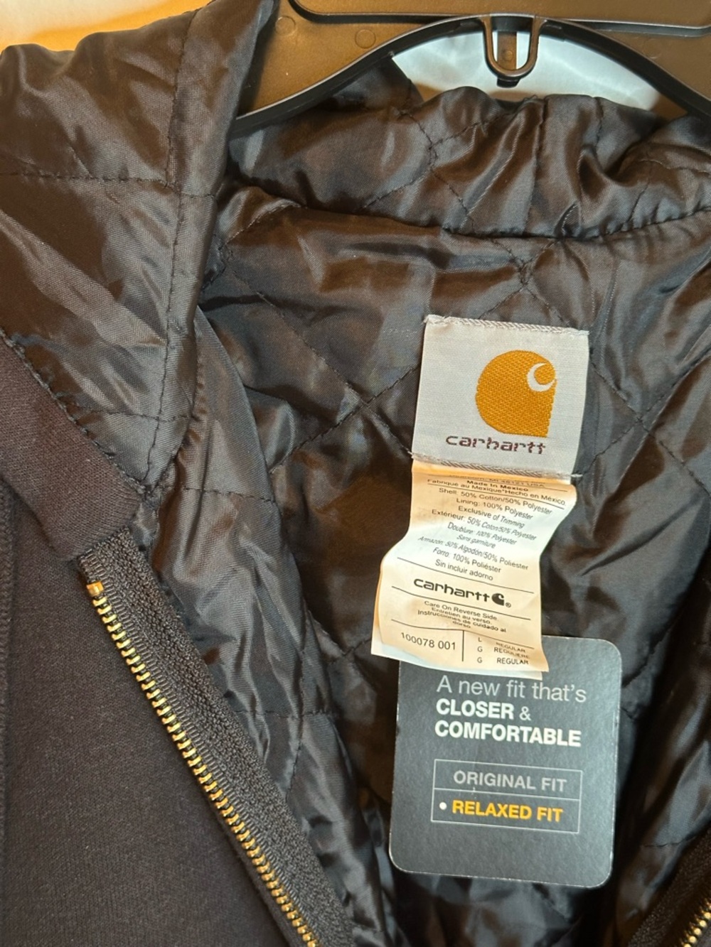 NWT Carhartt Black Quilted-Lining Zip Hoodie with Gold Logo Tag, size L - Picture 5 of 7